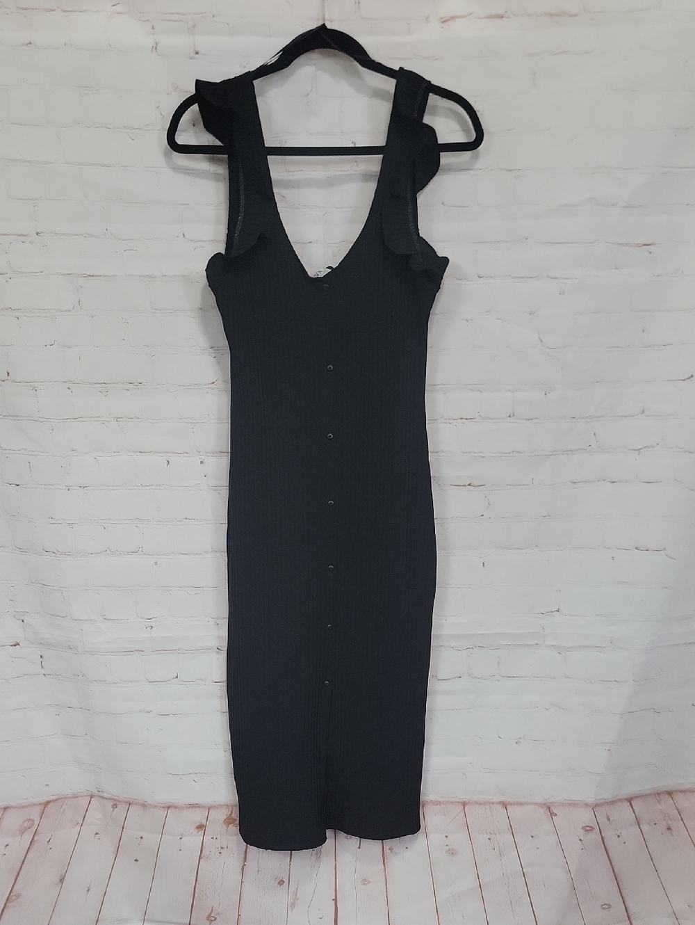 Zara Black Ribbed Button-Front Midi Dress with Ruffle Straps